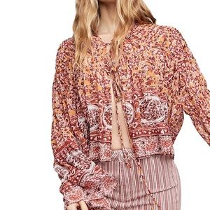 Free People Rust Floral Boho Tie-Front Blouse